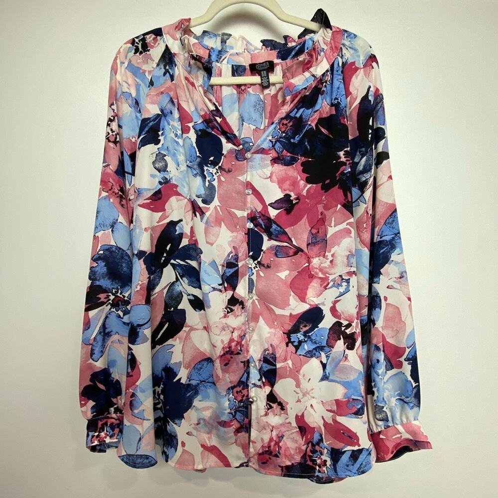 Jones New York Women's Sz 3X Floral Watercolor Print Button-Down Blouse Very GUC